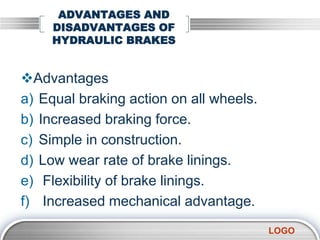LOGO
ADVANTAGES AND
DISADVANTAGES OF
HYDRAULIC BRAKES
Advantages
a) Equal braking action on all wheels.
b) Increased braking force.
c) Simple in construction.
d) Low wear rate of brake linings.
e) Flexibility of brake linings.
f) Increased mechanical advantage.
 