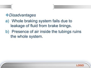 LOGO
Disadvantages
a) Whole braking system fails due to
leakage of fluid from brake linings.
b) Presence of air inside the tubings ruins
the whole system.
 