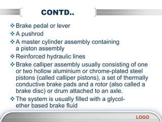 LOGO
CONTD..
Brake pedal or lever
A pushrod
A master cylinder assembly containing
a piston assembly
Reinforced hydraulic lines
Brake calliper assembly usually consisting of one
or two hollow aluminium or chrome-plated steel
pistons (called calliper pistons), a set of thermally
conductive brake pads and a rotor (also called a
brake disc) or drum attached to an axle.
The system is usually filled with a glycol-
ether based brake fluid
 