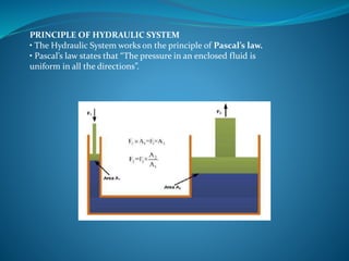 PRINCIPLE OF HYDRAULIC SYSTEM
• The Hydraulic System works on the principle of Pascal’s law.
• Pascal’s law states that “The pressure in an enclosed fluid is
uniform in all the directions”.
 