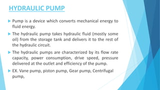 HYDRAULIC PUMP
 Pump is a device which converts mechanical energy to
fluid energy.
 The hydraulic pump takes hydraulic fluid (mostly some
oil) from the storage tank and delivers it to the rest of
the hydraulic circuit.
 The hydraulic pumps are characterized by its flow rate
capacity, power consumption, drive speed, pressure
delivered at the outlet and efficiency of the pump.
 EX. Vane pump, piston pump, Gear pump, Centrifugal
pump,
 