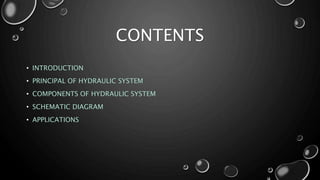CONTENTS
• INTRODUCTION
• PRINCIPAL OF HYDRAULIC SYSTEM
• COMPONENTS OF HYDRAULIC SYSTEM
• SCHEMATIC DIAGRAM
• APPLICATIONS
 
