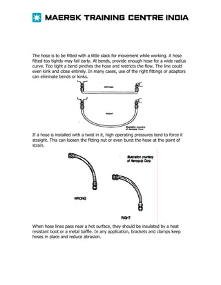 The hose is to be fitted with a little slack for movement while working. A hose
fitted too tightly may fail early. At bends, provide enough hose for a wide radius
curve. Too tight a bend pinches the hose and restricts the flow. The line could
even kink and close entirely. In many cases, use of the right fittings or adaptors
can eliminate bends or kinks.

If a hose is installed with a twist in it, high operating pressures tend to force it
straight. This can loosen the fitting nut or even burst the hose at the point of
strain.

When hose lines pass near a hot surface, they should be insulated by a heat
resistant boot or a metal baffle. In any application, brackets and clamps keep
hoses in place and reduce abrasion.

 