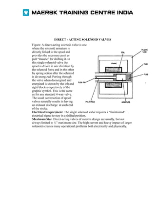 DIRECT - ACTING SOLENOID VALVES
Figure: A direct-acting solenoid valve is one
where the solenoid armature is
directly linked to the spool and
provides the necessary push or
pull “muscle” for shifting it. In
this single solenoid valve the
spool is driven in one direction by
the solenoid force and in the other
by spring action after the solenoid
is de-energized. Porting through
the valve when deenergized and
energized is shown by the left and
right blocks respectively of the
graphic symbol. This is the same
as for any standard 4-way valve.
The usual construction of spool
valves naturally results in having
an exhaust discharge at each end
of the stroke.
Electrical Requirement. The single solenoid valve requires a “maintained”
electrical signal to stay in a shifted position.
Maximum Size. Direct-acting valves of modern design are usually, but not
always limited to ¼” maximum size. The high current and heavy impact of larger
solenoids creates many operational problems both electrically and physically.

 