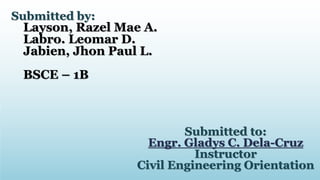Submitted by:
Layson, Razel Mae A.
Labro. Leomar D.
Jabien, Jhon Paul L.
BSCE – 1B
Submitted to:
Engr. Gladys C. Dela-Cruz
Instructor
Civil Engineering Orientation
 
