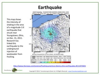 Earthquake
This map shows
the intensity of
shaking in the area
of a magnitude-3.9
earthquake that
struck near
Youngstown, Ohio,
on Dec. 31, 2011.
Research has
linked this
earthquake to the
underground
injection of
wastewater from
fracking.

http://www.nbcnews.com/science/fracking-practices-blame-ohio-earthquakes-8C11073601

 