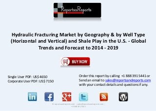 Hydraulic Fracturing Market by Geography & by Well Type
(Horizontal and Vertical) and Shale Play in the U.S. - Global
Trends and Forecast to 2014 - 2019
© reportsandreports.com ; sales@reportsandreports.com ;
+1 888 391 5441
Single User PDF: US$ 4650
Corporate User PDF: US$ 7150
Order this report by calling +1 888 391 5441 or
Send an email to sales@reportsandreports.com
with your contact details and questions if any.
 
