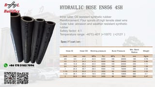 HYDRAULIC HOSE EN856 4SH
Specification:
Inner tube: Oil resistant synthetic rubber
Reinforcement: Four spirals of high tensile steel wire
Outer tube: abrasion and weather resistant synthetic
rubber
Safety factor: 4:1
Temperature range: -40℃(-40℉ )+100℃（+212℉ ）
Hose ID Hose OD Working pressure Burst Pressure
Min. Bend
Radius
Weight
inch mm mm MPa Psi MPa Psi mm Kg/m
3/8 9.5 21.4 44.5 6450 180 26000 180 0.78
1/2 12.7 24.0 41.5 6000 166 24000 230 0.89
5/8 15.9 28.2 35.0 5000 140 20000 250 1.11
3/4 19.0 32.2 35.0 5000 140 20000 300 1.59
1 25.4 39.7 28.0 4000 112 16000 340 2.02
1-1/4 31.8 50.8 21.0 3000 84 12000 460 3.32
1-1/2 38.1 57.7 18.5 2700 74 10800 560 3.7
2 50.8 69.6 16.5 2400 66 9600 660 5.47
 