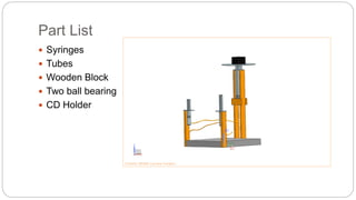 Part List
 Syringes
 Tubes
 Wooden Block
 Two ball bearing
 CD Holder
 