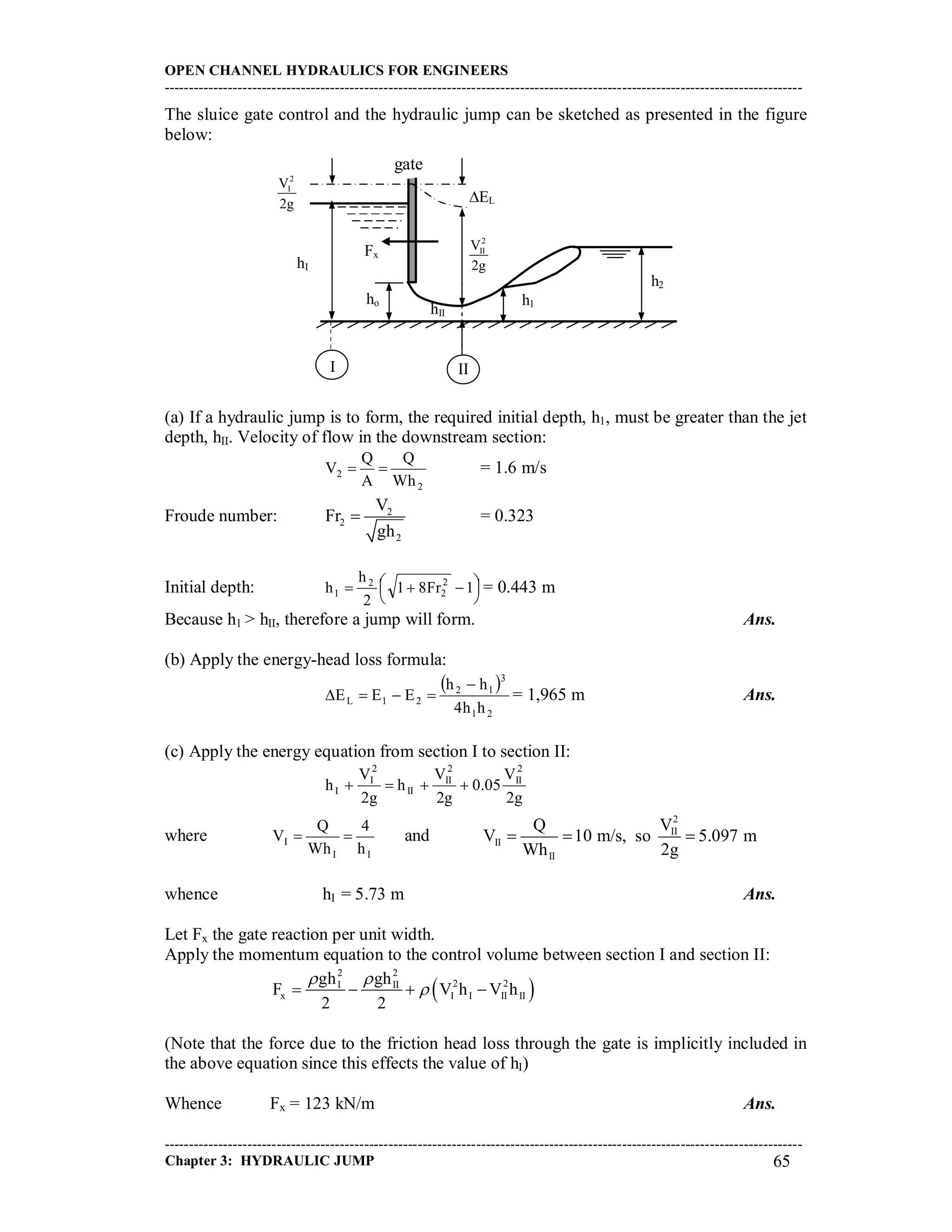 OPEN CHANNEL HYDRAULICS FOR ENGINEERS
-----------------------------------------------------------------------------------------------------------------------------------
-----------------------------------------------------------------------------------------------------------------------------------
Chapter 3: HYDRAULIC JUMP 65
The sluice gate control and the hydraulic jump can be sketched as presented in the figure
below:
(a) If a hydraulic jump is to form, the required initial depth, h1, must be greater than the jet
depth, hII. Velocity of flow in the downstream section:
2
2
Wh
Q
A
Q
V  = 1.6 m/s
Froude number: 2
2
2
V
Fr
gh
 = 0.323
Initial depth: 



  1Fr81
2
h
h 2
2
2
1 = 0.443 m
Because h1 > hII, therefore a jump will form. Ans.
(b) Apply the energy-head loss formula:
 
21
3
12
21L
hh4
hh
EEE

 = 1,965 m Ans.
(c) Apply the energy equation from section I to section II:
g2
V
05.0
g2
V
h
g2
V
h
2
II
2
II
II
2
I
I 
where
II
I
h
4
Wh
Q
V  and
2
II
II
II
Q V
V 10 m/s, so 5.097 m
Wh 2g
  
whence hI = 5.73 m Ans.
Let Fx the gate reaction per unit width.
Apply the momentum equation to the control volume between section I and section II:
 
2 2
2 2I II
x I I II II
gh gh
F V h V h
2 2
 
   
(Note that the force due to the friction head loss through the gate is implicitly included in
the above equation since this effects the value of hI)
Whence Fx = 123 kN/m Ans.
gate
h2
h1ho
EL
2
IV
2g
2
IIV
2g
hII
hI
I II
Fx
 