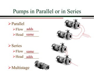 Pumps in Parallel or in Series
➢Parallel
➢Flow ________
➢Head ________
➢Series
➢Flow ________
➢Head ________
➢Multistage
adds
same
same
adds
 