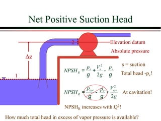 Net Positive Suction Head
1
2
2
2
s s v
R
p V p
NPSH
g
g g
= + -
s = suction
Total head -pv!
NPSHR increases with Q2!
Elevation datum
Absolute pressure
2
2
eye eye
v
R
p V
p
NPSH
g
g g
= - + At cavitation!
z
How much total head in excess of vapor pressure is available?
 