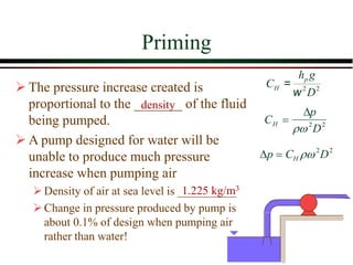 Priming
CH =
p
2
D2
p = CH 2
D2
2 2
p
H
h g
C
D
w
=
density
1.225 kg/m3
➢ The pressure increase created is
proportional to the _______ of the fluid
being pumped.
➢ A pump designed for water will be
unable to produce much pressure
increase when pumping air
➢Density of air at sea level is __________
➢Change in pressure produced by pump is
about 0.1% of design when pumping air
rather than water!
 