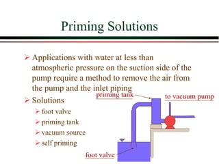 Priming Solutions
➢ Applications with water at less than
atmospheric pressure on the suction side of the
pump require a method to remove the air from
the pump and the inlet piping
➢ Solutions
➢foot valve
➢priming tank
➢vacuum source
➢self priming
foot valve
to vacuum pump
priming tank
 