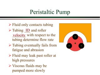 Peristaltic Pump
➢ Fluid only contacts tubing
➢ Tubing ___ and roller
_______ with respect to the
tubing determine flow rate
➢ Tubing eventually fails from
fatigue and abrasion
➢ Fluid may leak past roller at
high pressures
➢ Viscous fluids may be
pumped more slowly
ID
velocity
 