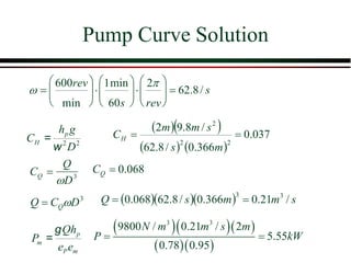 Pump Curve Solution
2 2
p
H
h g
C
D
w
=
CQ =
Q
D3
s
rev
s
rev
/
8
.
62
2
60
min
1
min
600
=


























=


( )( )
( ) ( )
037
.
0
366
.
0
/
8
.
62
/
8
.
9
2
2
2
2
=
=
m
s
s
m
m
CH
068
.
0
=
Q
C
3
D
C
Q Q
= ( )( )( ) s
m
m
s
Q /
21
.
0
366
.
0
/
8
.
62
068
.
0 3
3
=
=
( )( )( )
( )( )
3 3
9800 / 0.21 / 2
5.55
0.78 0.95
N m m s m
P kW
= =
p
m
P m
Qh
P
e e
g
=
 