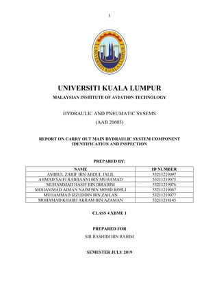 1
UNIVERSITI KUALA LUMPUR
MALAYSIAN INSTITUTE OF AVIATION TECHNOLOGY
HYDRAULIC AND PNEUMATIC SYSEMS
(AAB 20603)
REPORT ON CARRY OUT MAIN HYDRAULIC SYSTEM COMPONENT
IDENTIFICATION AND INSPECTION
PREPARED BY:
NAME ID NUMBER
AMIRUL ZARIF BIN ABDUL JALIL 53211219097
AHMAD SAIFI RABBAANI BIN MUHAMAD 53211219075
MUHAMMAD HASIF BIN IBRAHIM 53211219076
MOHAMMAD AIMAN NAIM BIN MOHD ROSLI 53211219087
MUHAMMAD IZZUDDIN BIN ZAILAN 53211219077
MOHAMAD KHAIRI AKRAM BIN AZAMAN 53211218145
CLASS 4 XBME 1
PREPARED FOR
SIR RASHIDI BIN RAHIM
SEMESTER JULY 2019
 