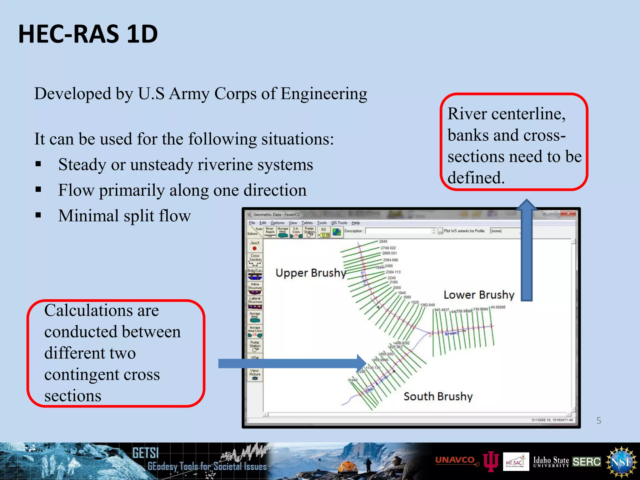 HEC-RAS 1D
It can be used for the following situations:
▪ Steady or unsteady riverine systems
▪ Flow primarily along one direction
▪ Minimal split flow
5
Developed by U.S Army Corps of Engineering
River centerline,
banks and cross-
sections need to be
defined.
Calculations are
conducted between
different two
contingent cross
sections
 