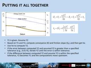 PUTTING IT ALL TOGETHER
10
• Y1 is given. Assume Y2
• Based on Y1 and Y2, compute conveyance (K) and friction slope (Sf), and then get he.
• Use he to compute Y2.
• If the error between computed Y2 and assumed Y2 is greater than a specified
tolerance (e.g., 0.01 ft), iterate Y2 until the error is within tolerance.
• If the difference between computed Y2 and assume Y2 is within the specified
tolerance, Y2 becomes Y1 and the computations move upstream.
 