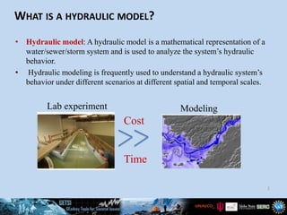 • Hydraulic model: A hydraulic model is a mathematical representation of a
water/sewer/storm system and is used to analyze the system’s hydraulic
behavior.
• Hydraulic modeling is frequently used to understand a hydraulic system’s
behavior under different scenarios at different spatial and temporal scales.
2
Lab experiment Modeling
Cost
Time
WHAT IS A HYDRAULIC MODEL?
 