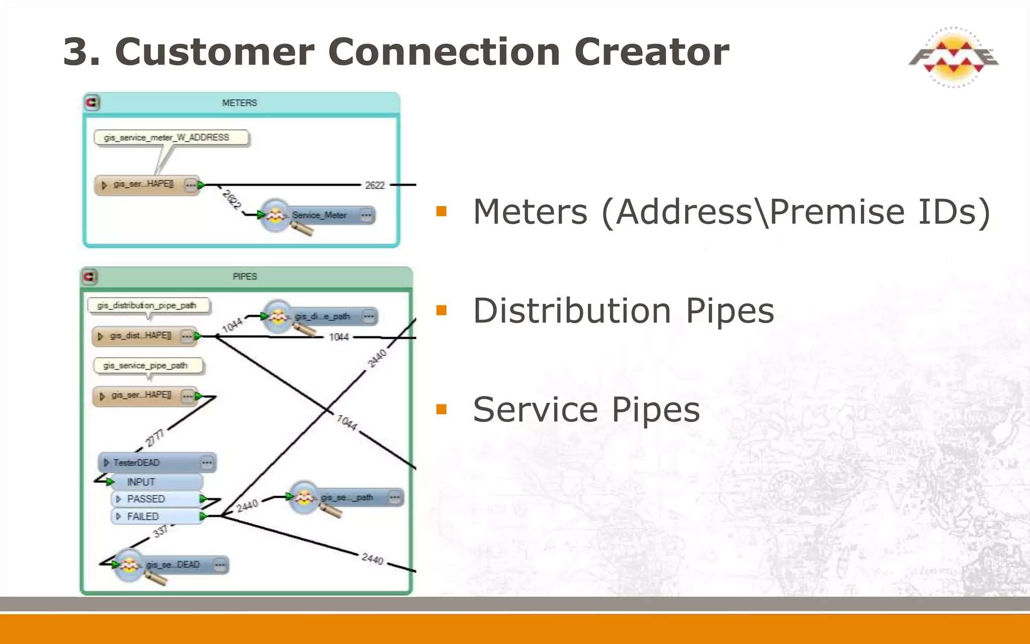 3. Customer Connection Creator



                 Meters (AddressPremise IDs)

                 Distribution Pipes

                 Service Pipes
 