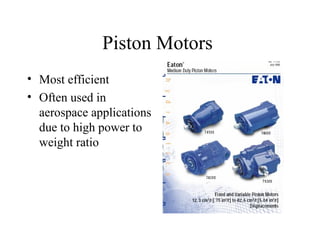 Piston Motors
• Most efficient
• Often used in
  aerospace applications
  due to high power to
  weight ratio
 