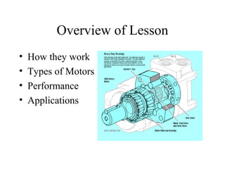 Overview of Lesson
•   How they work
•   Types of Motors
•   Performance
•   Applications
 