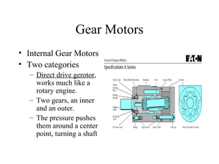 Gear Motors
• Internal Gear Motors
• Two categories
   – Direct drive gerotor,
     works much like a
     rotary engine.
   – Two gears, an inner
     and an outer.
   – The pressure pushes
     them around a center
     point, turning a shaft
 