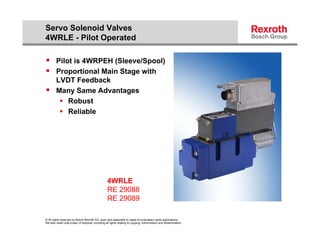 Servo Solenoid Valves
4WRLE - Pilot Operated

 Pilot is 4WRPEH (Sleeve/Spool)
 Proportional Main Stage with
        LVDT Feedback
       Many Same Advantages
          Robust
          R li bl
           Reliable




                                                  4WRLE
                                                  RE 29088
                                                  RE 29089

© All rights reserved by Bosch Rexroth AG, even and especially in cases of proprietary rights applications.
We also retain sole power of disposal, including all rights relating to copying, transmission and dissemination.
 
