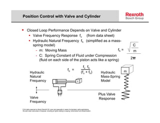 Position Control with Valve and Cylinder


 Closed Loop Performance Depends on Valve and Cylinder
          Valve Frequency Response fv (from data sheet)
          H d li N t l F
           Hydraulic Natural Frequency fh ( i lifi d as a mass-
                                              (simplified
           spring model)                                                                                                              C
             - m: Moving Mass                                      fh =                                                                m
             - C S i C
               C: Spring Constant of Fl id under C
                                      f Fluid d Compression    i
               (fluid on each side of the piston acts like a spring)                                                                  2π

                                                                                                 fv fh
                                                                         fo =                                                     m
           Hydraulic                                                                           (fv + fh)            Hydraulic
           Natural                                                                                                  Mass-Spring
           Frequency                                                                                                Model


                                                                                                                   Plus Valve
           Valve                                                                                                   Response
           Frequency

© All rights reserved by Bosch Rexroth AG, even and especially in cases of proprietary rights applications.
We also retain sole power of disposal, including all rights relating to copying, transmission and dissemination.
 