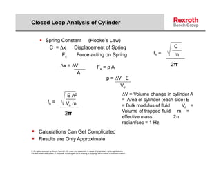 Closed Loop Analysis of Cylinder


          Spring Constant (Hooke’s Law)
            C = ∆x     Displacement of Spring                                                                                     C
                  Fx    Force acting on Spring                                                                           fh =     m

                                  ∆x = ∆V                                                                                        2π
                                                                             Fx = p A
                                         A
                                                                                         p = ∆V E
                                                                                               Vo

                                          E A2                                                             ∆V = Volume change in cylinder A
                   fh =                                                                                    = Area of cylinder (each side) E
                                         Vo m                                                              = Bulk modulus of fluid     Vo =
                                                                                                           Volume of trapped fluid m =
                                       2π
                                                                                                           effective mass
                                                                                                            ff ti                  2π
                                                                                                                                   2
                                                                                                           radian/sec = 1 Hz

 Calculations Can Get Complicated
 Results are Only Approximate
© All rights reserved by Bosch Rexroth AG, even and especially in cases of proprietary rights applications.
We also retain sole power of disposal, including all rights relating to copying, transmission and dissemination.
 