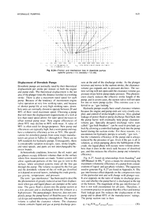 HYDRAULIC
PUMPING 6-21
Fig. 6.24-Friction and mechanical loss in downhole pumps
(specific gravity= 1.O,viscosity= 1.OcSt).
Displacement of Downhole Pumps
Downhole pumps are normally rated by their theoretical
displacement per stroke per minute on both the engine
and pump ends. The theoretical displacement is the net
area of the plunger times the distance traveled in a working
stroke. There is also a maxlmum rated speed for each
pump. Because of the tendency of inconsistent engine
valve operation at very low stroking rates. and because
of shorter pump life at very high stroking rates, down-
hole units are normally chosen to operate between 20 and
80% of their rated maximum speed. Choosing a pump
that will meet the displacement requirements of a well at
less than rated speed allows for later speed incrcascs to
offset normal pump wear. New engine efficiencies of
about 9.5% may decline to 80% with wear. A value of
90% is often used for design purposes. New pump end
efficiencies arc typically high, but a worn pump end may
have a volumetric efficiency as low as 70%. The specifi-
cations for downhole pumps from some ma.jor manufac-
turers are given in Tables 6. I through 6.4. There are no
API standards for hydraulic pumps. Consequently, there
is considerable variation in designs. sizes. stroke lengths.
and rated speeds. and parts are not interchangeable be-
tween brands.
At bottomhole conditions, however, the oil, water, and
gas phases occupy different volumes than on the surface
where flow measurements are made. Vented systems will
allow significant portions of the free gas to vent to the
surface. while unvented systems route all the free gas
through the pump. The volume occupied by the free gas
and the downhole volume of the oil with gas dissolved
in it dcpcnd on several factors, including the crude gravity,
gas gravity. temperature. and pressure.
The term “gas interference” has been used to describe
the phenomenon of greatly reduced actual fluid displace-
ment when gas and liquid phases are pumped at the same
time, The gassy tluid is drawn into the pump suction at
a low pressure and is discharged from the exhaust at a
high pressure. The pump plunger. however. does not com-
plctcly purge the pump barrel of fluid because of practi-
cal design and manufacturing considerations. The unswept
volume is called the clearance volume. The clearance
volume contains liquid and gas at pump discharge prcs-
sure at the end of the discharge stroke. As the plunger
reverses and moves in the suction stroke, the clearance-
volume gas expands and its pressure declines. The suc-
tion valving will not open until the clearance-volume gas
pressure drops below pump intake pressure. This phenom-
enon clearly reduces the effective stroke length of the
pump, and in severe cases, the suction valves will not open
for one or more pump cycles. This extreme case is re-
ferred to as “gas locking.”
Hydraulic pumps usually have small clearance volumes
because the engine and pump ends are very closely cou-
pled, and control of stroke length is precise. Also, gradual
leakage of power fluid or pump discharge fluid back into
the pump barrel will eventually help purge clearance-
volume gas, Specially designed discharge valve seats
called “gas lock breakers” can be used to preclude gas
lock by allowing a controlled leakage back into the pump
barrel during the suction stroke. For these reasons, it is
uncommon for hydraulic pumps to actually “gas lock,”
but the volumetric efficiency of the pump end is always
reduced by the presence of gas. Even if the gas is all in
solution, as when pumping above the bubblepoint of the
crude, the liquid phase will occupy more volume down-
hole than it does in the stock tank because of dissolved
gas. and this reduces the effcctivc pump end volumetric
efficiency.
Fig. 6.27. based on relationships from Standing’ and
API Manual 14 BN, ” gives a means for determining the
maximum volumetric efficiency of a pump from consid-
erations of liquid- and gas-phase volumes. The equations
used to generate Fig. 6.27 are listed in Appendix A. The
gas interference effect depends on the compression ratio
of the particular unit and will change with plunger size.
It also depends on the ratio of intake to discharge pres-
sure and whether the pump barrel is discharged at the top
or the bottom. The magnitude of the gas interference cf-
feet is not well documented for all units. Therefore. it
is common practice to assume that this effect and normal
fluid leakage past tits reduces the displacement of the
pump end to about 85% of the manufacturers’ ratings.
The pump suction rate is then
Y =4,~~~,,,,,~ E
,Nrn‘iX, 00)
,I(,,‘,, _
 