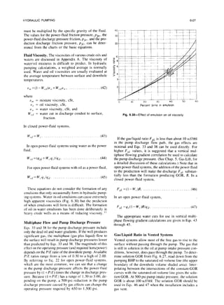 HYDRAULIC PUMPING 6-27
must be multiplied by the specific gravity of the fluid.
The values for the power-fluid friction pressure, phi, the
power-fluid discharge pressure friction, pfer, and the pro-
duction discharge friction pressure, pfd, can be deter-
mined from the charts or the basic equations.
Fluid Viscosity. The viscosities of various crude oils and
waters are discussed in Appendix A. The viscosity of
water/oil mixtures is difficult to predict. In hydraulic
pumping calculations, a weighted average is normally
used. Water and oil viscosities are usually evaluated at
the average temperature between surface and downhole
temperatures.
v,,~=(I--~.~,)u,,+W~.~Y ,,‘, . (42)
where
lJ,,I = mixture viscosity, cSt,
Vfl = oil viscosity, cSt,
un = water viscosity, cSt, and
Wc.ll = water cut in discharge conduit to surface,
fraction.
In closed power-fluid systems,
Wrl,=Wc. . . . . . . . . . . . . . . . . . . . . . . . . . . . . . ..(43)
In open power-fluid systems using water as the power
fluid,
W,.,l=(q,S+W,.q.,)/q,,. . . (44)
For open power-fluid systems with oil as a power fluid,
w,.,,=w,.q,/q,,. . .(45)
These equations do not consider the formation of any
emulsions that only occasionally form in hydraulic pump-
ing systems. Water-in-oil emulsions can cause extremely
high apparent viscosities (Fig. 6.30) but the prediction
of when emulsions will form is difficult. The formation
of oil-in-water emulsions has been done deliberately in
heavy crude wells as a means of reducing viscosity. ”
Multiphase Flow and Pump Discharge Pressure
Eqs. 33 and 38 for the pump discharge pressure include
only the dead oil and water gradients. If the well produces
significant gas, the multiphase (gas plus liquid) flow to
the surface will result in pump discharge pressures lower
than predicted by Eqs. 33 and 38. The magnitude of this
effect on the operating pressure (and required horsepower)
depends on the P/E ratio ofthe downhole pump. Available
P/E ratios range from a low of 0.30 to a high of 2.00.
By referring to Eq. 22 for open power-fluid systems,
which are the most common, we can see that a change
in the pump discharge pressure affects the power-fluid
pressure by (I + P/E) times the change in discharge pres-
sure. Because (I +P/E) has a range of 1.30 to 3.00, de-
pending on the pump, a 500.psi reduction in the pump
discharge pressure caused by gas effects can change the
operating pressure required by 650 to 1,500 psi.
Percent brineIn emulsion
Fig. 6.30-Effect of emulsion on oilviscosity.
If the gas/liquid ratio FXL is less than about IO scfibbl
in the pump discharge flow path, the gas effects are
minimal and Eqs. 33 and 38 can be used directly. For
higher FRY values, it is suggested that a vertical mul-
tiphase flowing gradient correlation be used to calculate
the pump discharge pressure. (See Chap. 5~Gas Lift, for
a detailed discussion of these calculations.) Note that in
open power-fluid systems, the addition of the power fluid
to the production will make the discharge FcsLsubstan-
tially less than the formation producing GOR, R. In a
closed power-fluid system,
FgL=(l-IV,.)!?. . . . . . . . . . . . . . . . . . . . . . . . . . . (46)
In an open power-fluid system,
FR,=q,(l-W,.)RIqd. . .(47)
The appropriate water cuts for use in vertical multi-
phase flowing gradient calculations are given in Eqs. 43
through 45.
Gas/Liquid Ratio in Vented Systems
Vented systems allow most of the free gas to rise to the
surface without passing through the pump. The gas that
is still in solution in the oil at pump intake pressure con-
ditions, however, does pass through the pump. To deter-
mine solution GOR from Fig. 6.27, read down from the
pumping BHP to the saturated oil-volume line (the upper
boundary of the downhole volume shaded area). Inter-
polating between the intersections of the constant-GOR
curves with the saturated-oil-volume line gives the solu-
tion GOR. At 500-psi pump intake pressure, the solution
GOR is about 100 scfibbl. The solution GOR should be
used in Eqs. 46 and 47 when the installation includes a
gas vent.
 