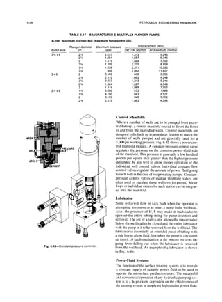 6-54 PETROLEUM ENGINEERING HANDBOOK
TABLE 6.17--MANUFACTURER E MULTIPLEX PLUNGER PUMPS
B-200; maximum revlmin 400; maximum horsepower 200.
AREA
Pump size
33/4x6
3x6
2% x6
Plunger diameter
(in.)
2%
2%
2%
3
1‘/2
1J/4
2
2%
Maximum pressure
(psi)
2,037
1,684
1,415
1,205
1,039
905
3,183
2,515
2,037
1,684
1,415
5,650
4,160
3,183
2,515
Displacement (B/D)
Per 100 rev/min At maximum revlmin
1,313 5,245
Control Manifolds
1,587 6,349
1,889 7,552
2,215 8,859
2,571 10,285
2,952 11,807
840 3,356
1,063 4,248
1,313 5,245
1,587 6,349
1,889 7,552
473 1,889
641 2,571
840 3,356
1,063 4,248
Fig. 6.43-Constant-pressure controller
Where a number of wells are to be pumped from a cen-
tral battery, a control manifold is used to direct the flows
to and from the individual wells. Control manifolds are
designed to be built up in a modular fashion to match the
number of wells pumped and are generally rated for a
5,000-psi working pressure. Fig. 6.45 shows a power con-
trol manifold module. A constant-pressure control valve
regulates the pressure on the common power-tluid side
of the manifold. This pressure is generally a few hundred
pounds per square inch greater than the highest pressure
demanded by any well to allow proper operation of the
individual well control valves. Individual constant-flow
control valves regulate the amount of power fluid going
to each well in the case of reciprocating pumps. Constant-
pressure control valves or manual throttling valves are
often used to regulate those wells on jet pumps. Meter
loops or individual meters for each station can be integrat-
ed into the manifold.
Lubricator
Some wells will flow or kick back when the operator is
attempting to remove or to insert a pump in the wellhead.
Also, the presence of H2S may make it inadvisable to
open up the entire tubing string for pump insertion and
removal. The use of a lubricator allows the master valve
below the wellhead to be closed and the entire lubricator
with the pump in it to be removed from the wellhead. The
lubricator is essentially an extended piece of tubing with
a side line to allow fluid flow when the pump is circulated
up into it. A latch mechanism at the bottom prevents the
pump from falling out when the lubricator is removed
from the wellhead. An example of a lubricator is shown
in Fig. 6.46.
Power-Fluid Systems
The function of the surface treating system is to provide
a constant supply of suitable power fluid to be used to
operate the subsurface production units. The successful
and economical operation of any hydraulic pumping sys-
tem is to a large extent dependent on the effectiveness of
the treating system in supplying high-quality power fluid.
 