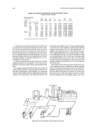 6-58 PETROLEUM ENGINEERING HANDBOOK
TABLE 6.20-GRAVITY SEPARATION, SETTLING VELOCITY IN OIL,
ft/hr(p=lO cp; y=O.87)
Particle
diameter:
in.
x 10 -’
w
Type 5 Y~~-Y~
Gas’ 0.0 -0.87
Water 1.0 0.13
1.05 0.1a
1.10 0.23
1.15 0.28
Solids 2.0 1.13
2.5 1.63
3.0 2.13
4.0 3.13
100 50 10 5
2,540 1,270 254 127
1,276
331
417
496
571
1,000
1,295
1,565
2.060
579
135
186
224
258
453
587
709
‘For this table the denslly of gas IS assumed lo be 0 0
3. The gas line out of the top of the boot should be tied
into the power-oil tank and stock-tank vent line with a
riser on the top of the power-oil tank. In the event the
gas boot does become overloaded and kicks fluid over
through the gas line. this arrangement will prevent the
raw or unsettled fluid from being dumped in the top of
the power-oil tank where it may contaminate the oil drawn
off to the multiplex. A minimum diameter of 3 in. is rec-
ommended for the gas line.
4. The line connecting the gas boot to the power-oil tank
should be at least 4 in. in diameter. This is necessary to
minimize restrictions to flow during surge loadings of the
boot.
Oil entering a large tank at the bottom and rising to be
drawn off the top tends to channel from the tank inlet to
the outlet.The purpose of the spreader is to reduce the
velocity of the incoming fluid by distributing the incoming
volume over a large area. This allows the fluid to rise
36.0 9.00 0.360 0.0900 0.00360
5.4 1.35 0.054 0.0135 0.00054
7.5 1.86 0.075 0.0186 0.00075
9.5 2.38 0.095 0.0238 0.00095
11.6 2.90 0.116 0.0290 0.00116
30.8 7.60 0.308 0.0760 0.00308
43.9 10.98 0.439 0.1100 0.00439
57.4 14.35 0.574 0.1430 0.00574
84.4 21.20 0.844 0.2120 0.00844
22.40.5 0.1
12.7 2 54
upward at a more uniform rate. The recommended spread-
er consists of a round, flat plate. approximately half the
diameter of the tank, with a 4-in. skirt that has 60”, tri-
angular, saw-tooth slots cut in it. The slots provide auto-
matic opening adjustment for varying amounts of flow.
It is essential that they be cut to uniform depth to obtain
an even distribution of flow. This type of spreader must
be installed with the tops of all the slots in a level plane
to prevent fluid from dumping out under a high side. The
spreader should be mounted about 2 ft above the bottom
rim of the tank,
The location of the stock-tank take-off and level con-
trol is important because it establishes the effective settling
interval of the power-oil tank and controls the fluid level.
All fluid coming from the spreader rises to the stock take-
off level where stock-tank oil is drawn off. Fluid rising
above this level is only that amount required to replace
the fluid withdrawn by the multiplex pump, and it is in
Fig. 6.47-Surface facilities
foropen power-fluid
system.
 