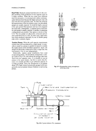 HYDRAULIC PUMPING
Dual Wells. Hydraulic pumps lend themselves to the com-
plex problem of the production of two separate zones in
a single wellbore. When the two zones have different
reservoir pressures. it is not practical to allow communi-
cation between them because the higher-pressure zone will
flow into the lower-pressure zone. To meet the artificial
lift requirements of the two distinct zones, two downhole
pumps are usually required. It would be highly unusual
if the same power-tluid pressure and rate were required
for each zone; consequently, a separate power-fluid line
for each pump is usually required. A number of plumbing
configurations are possible. One option is shown in Fig.
6.10. The two pumps are physically connected and are
run in and retrieved as a unit. In some cases, dual zones
have been produced separately by use of double pump
ends with a common engine.
Tandem Pumps. When the well capacity requirements
exceed what can be produced by a single pump, it is pas-
sible to install two pumps in parallel or tandem to double
the displacement of the downhole equipment. Again, the
pumps are physically connected to form a single unit, but
each pump is free to run independently.
Historically, tandem pump installations have used
reciprocating pumps. The downhole arrangement is simi-
lar to that of Fig. 6.10, but without the passages that route
fluid from two separate zones. It is possible to use jet
pumps in the same manner, but this is rarely done be-
cause it is usually possible to get sufficient capacity in
a single jet pump. Since the introduction of jet pumps
about 1970, high-volume hydraulically pumped wells have
generally used jet pumps instead of tandem reciprocating
pumps.
6-7
Fig. 6.7~-Reverse-flowtubing arrangement
(stroking
pump).
Lubr i cator
Manifold and instrumen
Pressure transducers
Entry loops
Subsea we I lhead
Circulation point
(H-member 1
Jet pump location
tat ion
Fig. 6.6-Typical offshoreTFL installation.
 