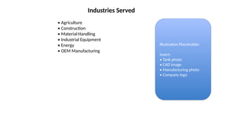 Industries Served
• Agriculture
• Construction
• Material Handling
• Industrial Equipment
• Energy
• OEM Manufacturing
Illustration Placeholder
Insert:
• Tank photo
• CAD image
• Manufacturing photo
• Company logo
 