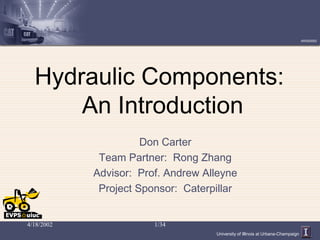 University of Illinois at Urbana-Champaign
ARG©2002
4/18/2002 1/34
Hydraulic Components:
An Introduction
Don Carter
Team Partner: Rong Zhang
Advisor: Prof. Andrew Alleyne
Project Sponsor: Caterpillar
 