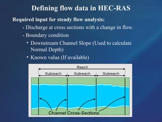 Defining flow data in HEC-RAS
Required input for steady flow analysis:
- Discharge at cross sections with a change in flow.
- Boundary condition
• Downstream Channel Slope (Used to calculate
Normal Depth)
• Known value (If available)
 