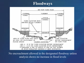 Floodways
No encroachment allowed in the designated floodway unless
analysis shows no increase in flood levels
 
