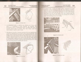 JID MECHANICS CHAPTER THREE 83
CHAPTER THREE FLUID MECHANI
82 WYDRAULICS Total Hydrostatic Force on Surfaces
Total Hydrostatic Force on Surfaces
4. A buttress dam consists of a wall, or face, supported by several
buttresses on the downstream side. The vast majority of buttress
dams are made of concrete that is reinforced with steel. Buttresses are
typically spaced across the dam site every 6 to 30 m (20 to 100 ft),
depending upon the size and design of the dam. Buttress dams are
sometimes called hollow dams because the buttresses do not form a
solid wall stretching across a river valley.
Conerete
Figure 3 - 4: Gravity dam
_2. An embankment dam is a gravity dam formed out of loose rock,
earth, or a combination of these materials. The upstream and
downstream slopes of embankment dams are flatter than those of
concrete gravity dams. In essence, they more closely match the
natural slope of a pile of rocks or earth
3. Arch dams are concrete or masonry structures that curve upstream into
a reservoir, stretching from one wall of a river canyon to the other. This
design, based on the same principles as the architectural arch and vault,
transfers some water pressure onto the walls of the canyon. Arch dams
require a relatively narrow river canyon with solid rock walls capable
of withstanding a significant amount of horizontal thrust. These dams
do not need to be as massive as gravity dams because the canyon walls
carry part of the pressure exerted by the reservoir
Figure 3 - 7: Multiple arch dam
Figure 3 - 5: Arch dam
 