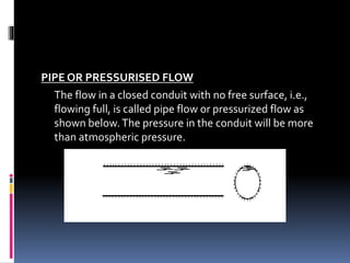 PIPE OR PRESSURISED FLOW
The flow in a closed conduit with no free surface, i.e.,
flowing full, is called pipe flow or pressurized flow as
shown below.The pressure in the conduit will be more
than atmospheric pressure.
 