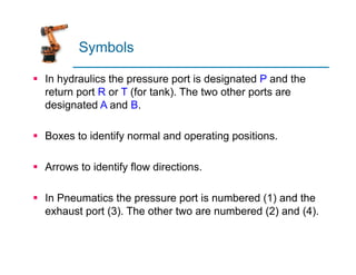 Symbols
§ In hydraulics the pressure port is designated P and the
return port R or T (for tank). The two other ports are
designated A and B.
§ Boxes to identify normal and operating positions.
§ Arrows to identify flow directions.
§ In Pneumatics the pressure port is numbered (1) and the
exhaust port (3). The other two are numbered (2) and (4).
 