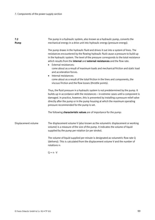 7. Components of the power supply section
The pump in a hydraulic system, also known as a hydraulic pump, converts the
mechanical energy in a drive unit into hydraulic energy (pressure energy).
The pump draws in the hydraulic fluid and drives it out into a system of lines. The
resistances encountered by the flowing hydraulic fluid cause a pressure to build up
in the hydraulic system. The level of the pressure corresponds to the total resistance
which results from the internal and external resistances and the flow rate.
• External resistances:
come about as a result of maximum loads and mechanical friction and static load
and acceleration forces.
• Internal resistances:
come about as a result of the total friction in the lines and components, the
viscous friction and the flow losses (throttle points).
Thus, the fluid pressure in a hydraulic system is not predetermined by the pump. It
builds up in accordance with the resistances – in extreme cases until a component is
damaged. In practice, however, this is prevented by installing a pressure relief valve
directly after the pump or in the pump housing at which the maximum operating
pressure recommended for the pump is set.
The following characteristic values are of importance for the pump:
The displacement volume V (also known as the volumetric displacement or working
volume) is a measure of the size of the pump. It indicates the volume of liquid
supplied by the pump per rotation (or per stroke).
The volume of liquid supplied per minute is designated as volumetric flow rate Q
(delivery). This is calculated from the displacement volume V and the number of
rotations n:
Q = n ⋅ V
7.2
Pump
Displacement volume
© Festo Didactic GmbH & Co. KG • TP 501 99
 