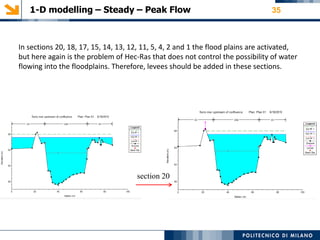 1-D modelling – Steady – Peak Flow 35
section 20
In sections 20, 18, 17, 15, 14, 13, 12, 11, 5, 4, 2 and 1 the flood plains are activated,
but here again is the problem of Hec-Ras that does not control the possibility of water
flowing into the floodplains. Therefore, levees should be added in these sections.
 