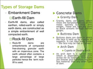 Types of Storage Dams
 Concrete Dams
 Gravity Dam
 Gravity dams are dams which
resist the horizontal thrust of the
water entirely by their own
weight. These are typically used
to block streams through narrow
gorges.
 Buttress Dam
 Buttress dams are dams in which
the face is held up by a series of
supports. It can take many forms
-- the face may be flat or curved.
 Arch Dam
 Cupola or Double Arch
 An arch dam is a curved dam
which is dependent upon arch
action for its strength. Arch dams
are thinner and therefore require
less material than any other type
of dam.
◼ Embankment Dams
Earth-fill Dam
◼ Earth-fill dams, also called
earthen, rolled-earth or simply
earth dams, are constructed as
a simple embankment of well
compacted earth.
Rock-fill Dam
 Rock-fill dams are
embankments of compacted
free-draining granular earth
with an impervious zone. The
earth utilized often contains a
large percentage of large
particles hence the term rock-
fill is used.
 