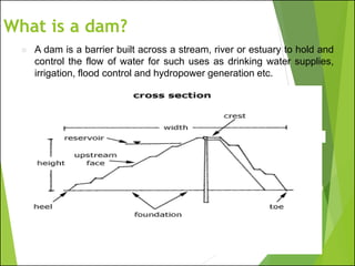 What is a dam?
◼ A dam is a barrier built across a stream, river or estuary to hold and
control the flow of water for such uses as drinking water supplies,
irrigation, flood control and hydropower generation etc.
 