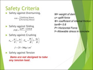 Safety Criteria
 Safety against Overturning.
 Safety against Sliding
 Safety against Crushing
 Safety against Tension
Dams are not designed to take
any tension load.
Stabilizing Moment
FOS
Overturning Moment

=

max
6
1
W e
P
B B
 
= + 
 
( )tanW u
FOS
P
 −
=
min
6
1
W e
P
B B
 
= − 
 
W= weight of dam
u= uplift force
Φ= coefficient of internal friction
tanΦ= 0.8
P= Horizontal Force
f= Allowable stress in concrete
2
25 30 /f kg cm= −
 