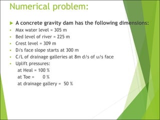 Numerical problem:
 A concrete gravity dam has the following dimensions:
▪ Max water level = 305 m
▪ Bed level of river = 225 m
▪ Crest level = 309 m
▪ D/s face slope starts at 300 m
▪ C/L of drainage galleries at 8m d/s of u/s face
▪ Uplift pressures:
at Heal = 100 %
at Toe = 0 %
at drainage gallery = 50 %
 