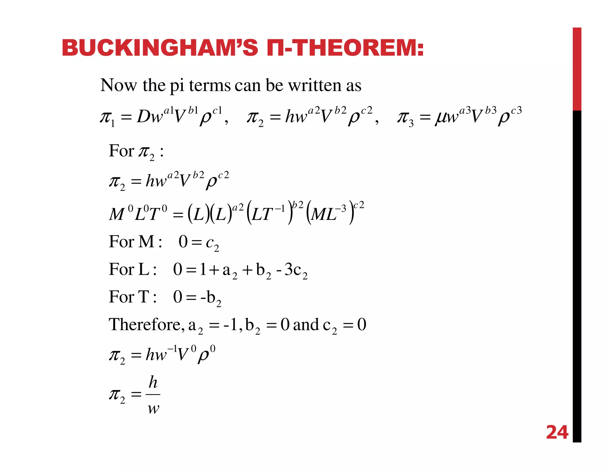 BUCKINGHAM’S Π-THEOREM:
333
3
222
2
111
1 ,,
aswrittenbecantermspitheNow
cbacbacba
VwVhwVDw ρµπρπρπ ===
( )( ) ( ) ( )
w
h
Vhw
c
MLLTLLTLM
Vhw
cba
cba
=
=
===
=
++=
=
=
=
−
−−
2
001
2
222
2
222
2
23212000
222
2
2
0cand0b-1,aTherefore,
-b0:TFor
3c-ba10:LFor
0:MFor
:For
π
ρπ
ρπ
π
24
 